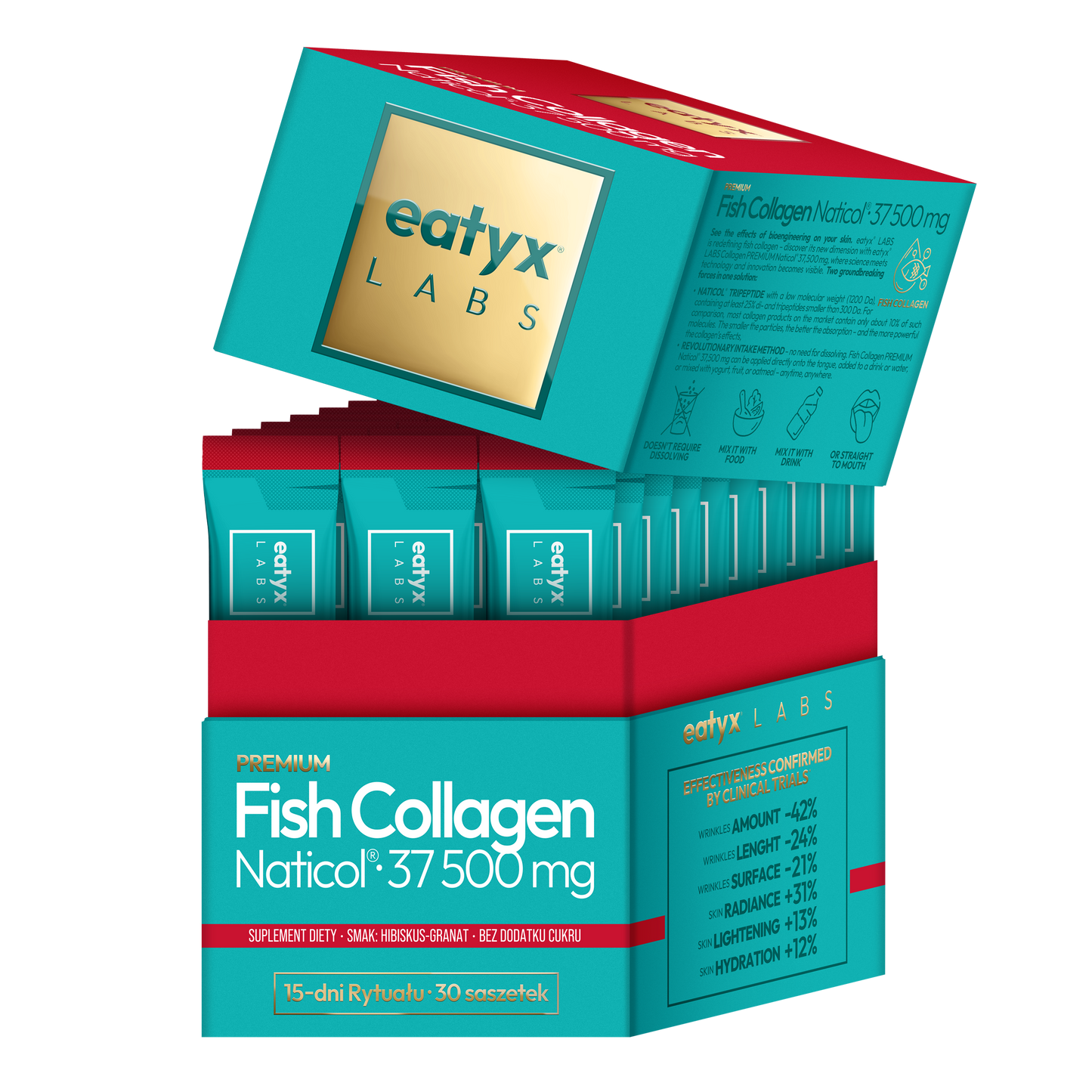 Rytuał 15 dni eatyx LABS Premium Fish Collagen Naticol 37 500 mg Hibiskus-Granat